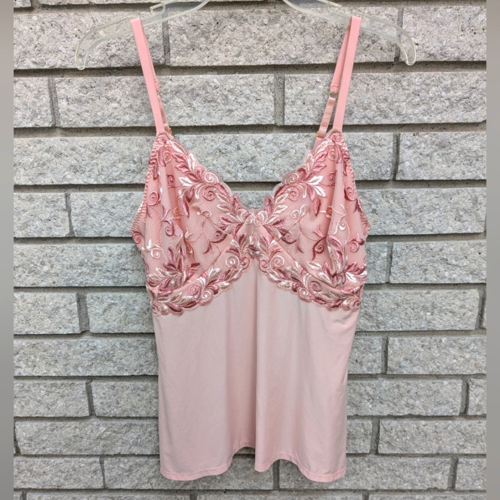 Soma Babydoll Camisole Peach Embroidered Top Large Lace EUC Sexy Lingerie